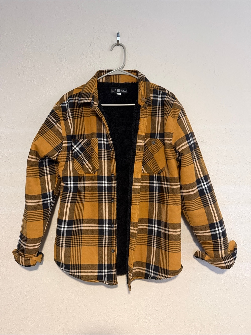 Calliville Men's Mustard Plaid Sherpa Shirt Jacket